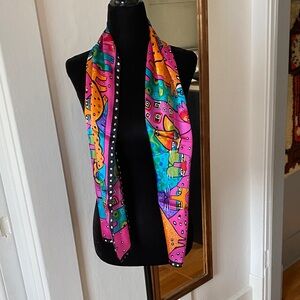 Vintage Laurel Burch Wihskered Cats and Dogs Multicolor 100% Silk Scarf